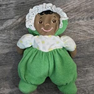 VTG Lakeshore Baby Doll Plush Green Terry Cloth Stuffed Toy 9" African American